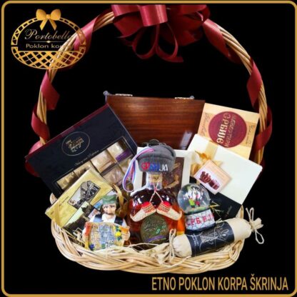 Etno poklon iz Srbije poklon korpa Škrinja